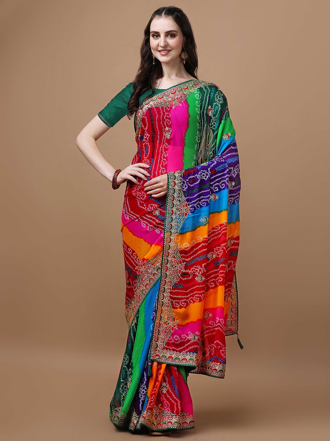 

Mitera Printed Embroidered Detail Bandhani Saree, Fuchsia