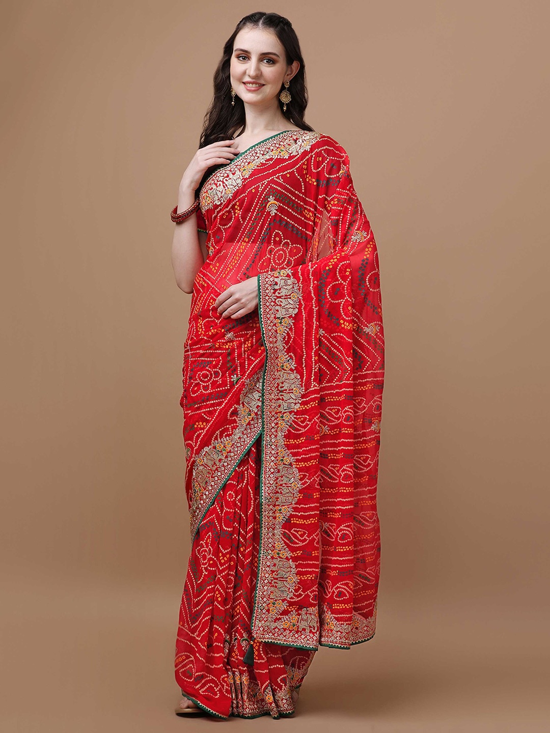 

Mitera Red Bandhani Printed Embroidered Bandhani Saree