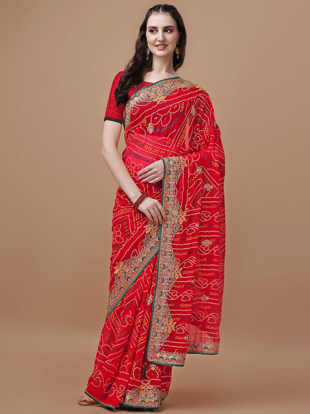 

Mitera Red Bandhani Printed Embroidered Bandhani Saree