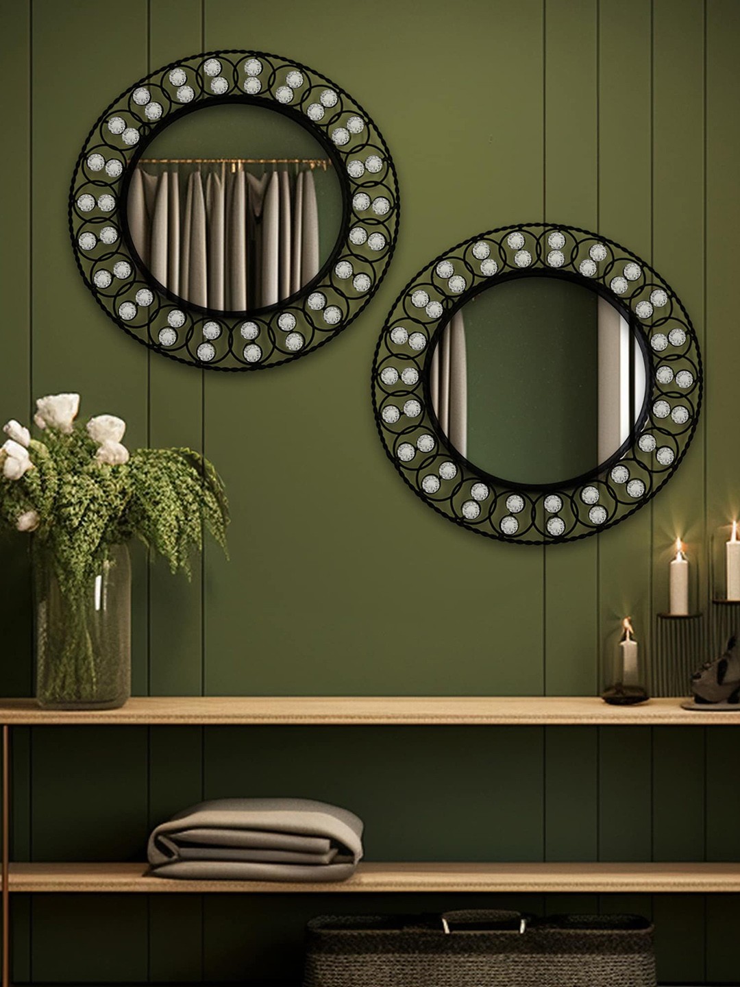 

HOSLEY 2 Pcs Metal Round Wall Mirrors, Black