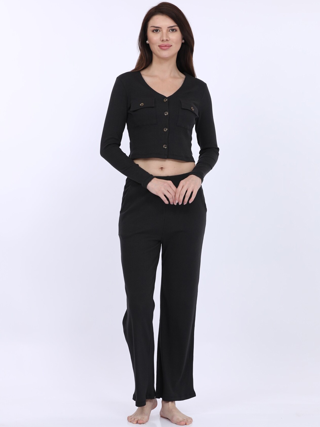 

MAYSIXTY Ribbed V-Neck Crop Night suit, Black
