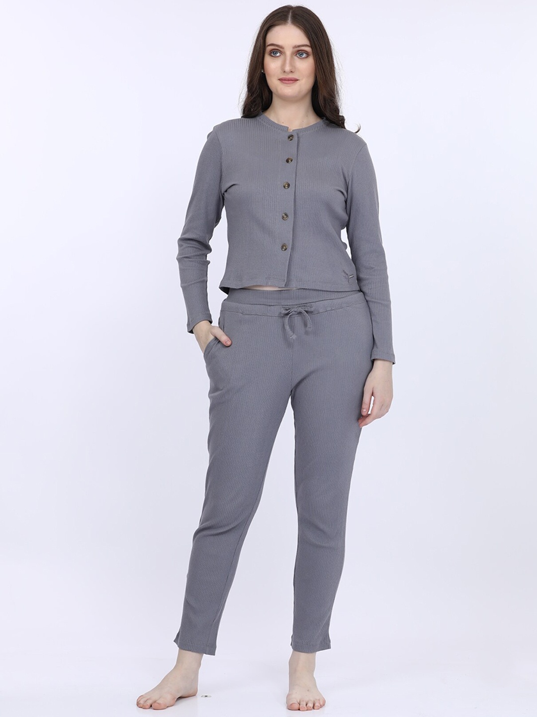 

MAYSIXTY Ribbed V-Neck Crop Night suit, Grey