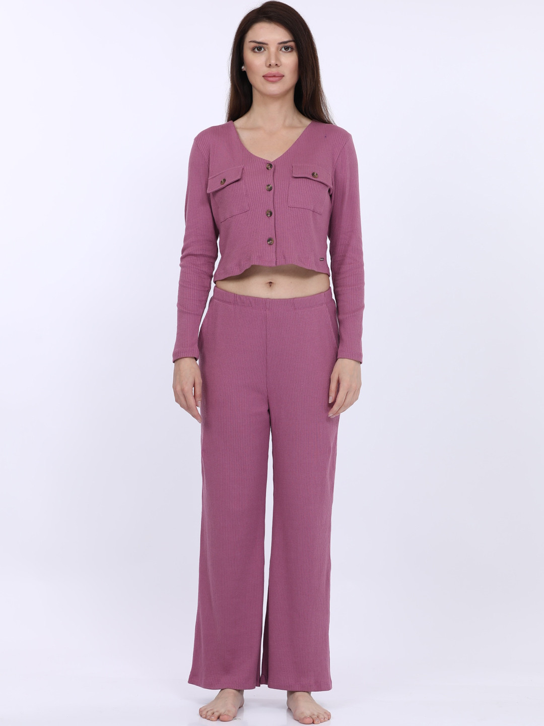 

MAYSIXTY V-Neck Long Sleeves Crop Top & Pyjamas, Pink