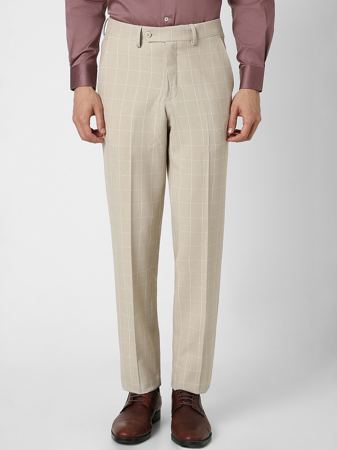 

Van Heusen Men Checked Mid-Rise Formal Trousers, Beige