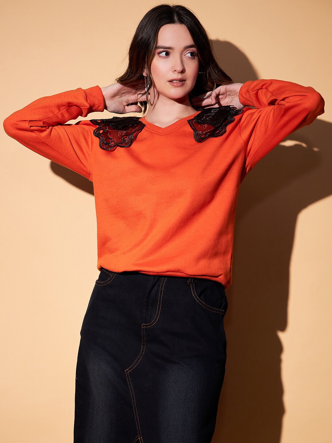 

KASSUALLY V-neck Fleece Sweatshirt, Orange