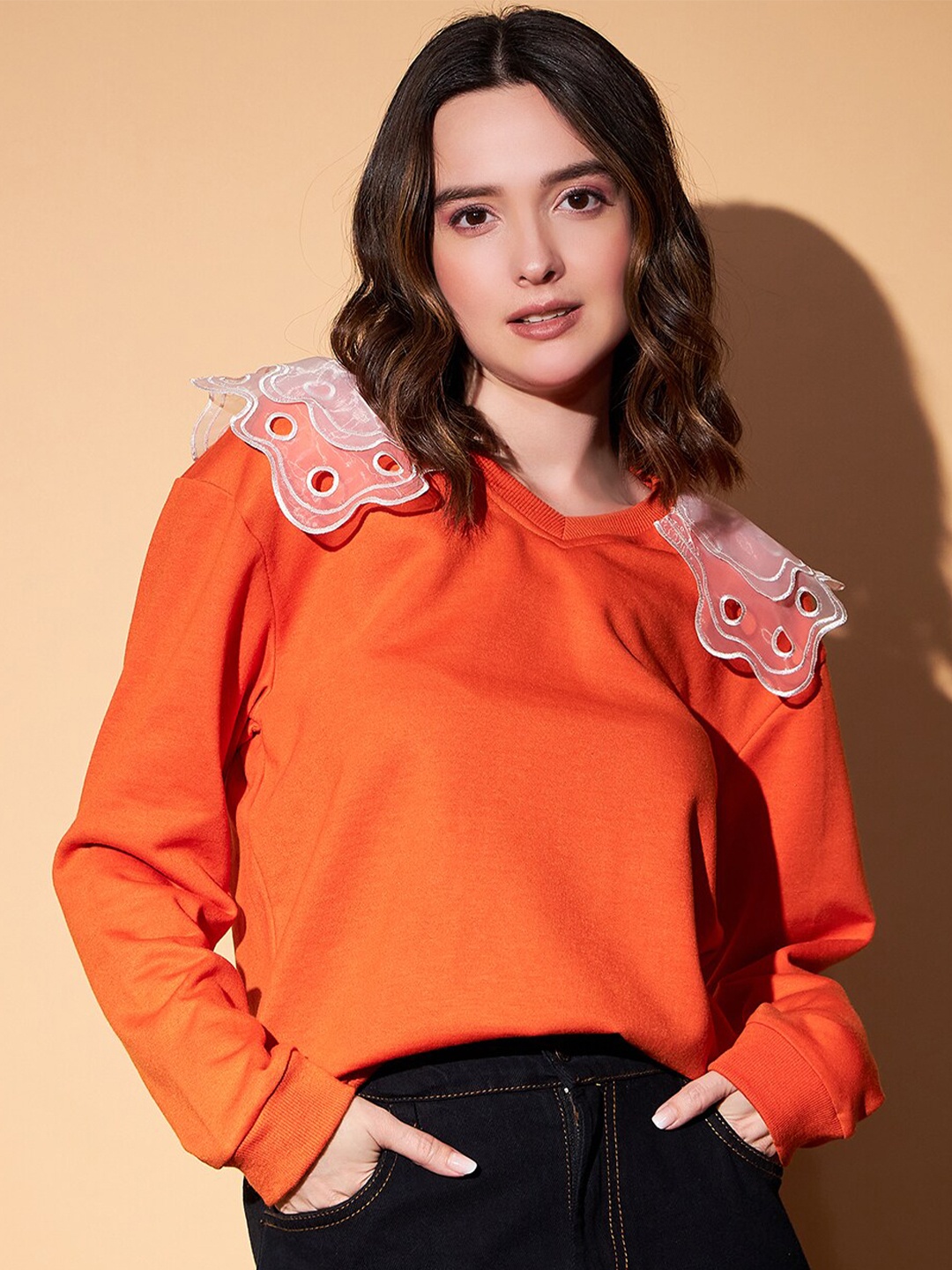 

KASSUALLY V-neck Fleece Sweatshirt, Orange