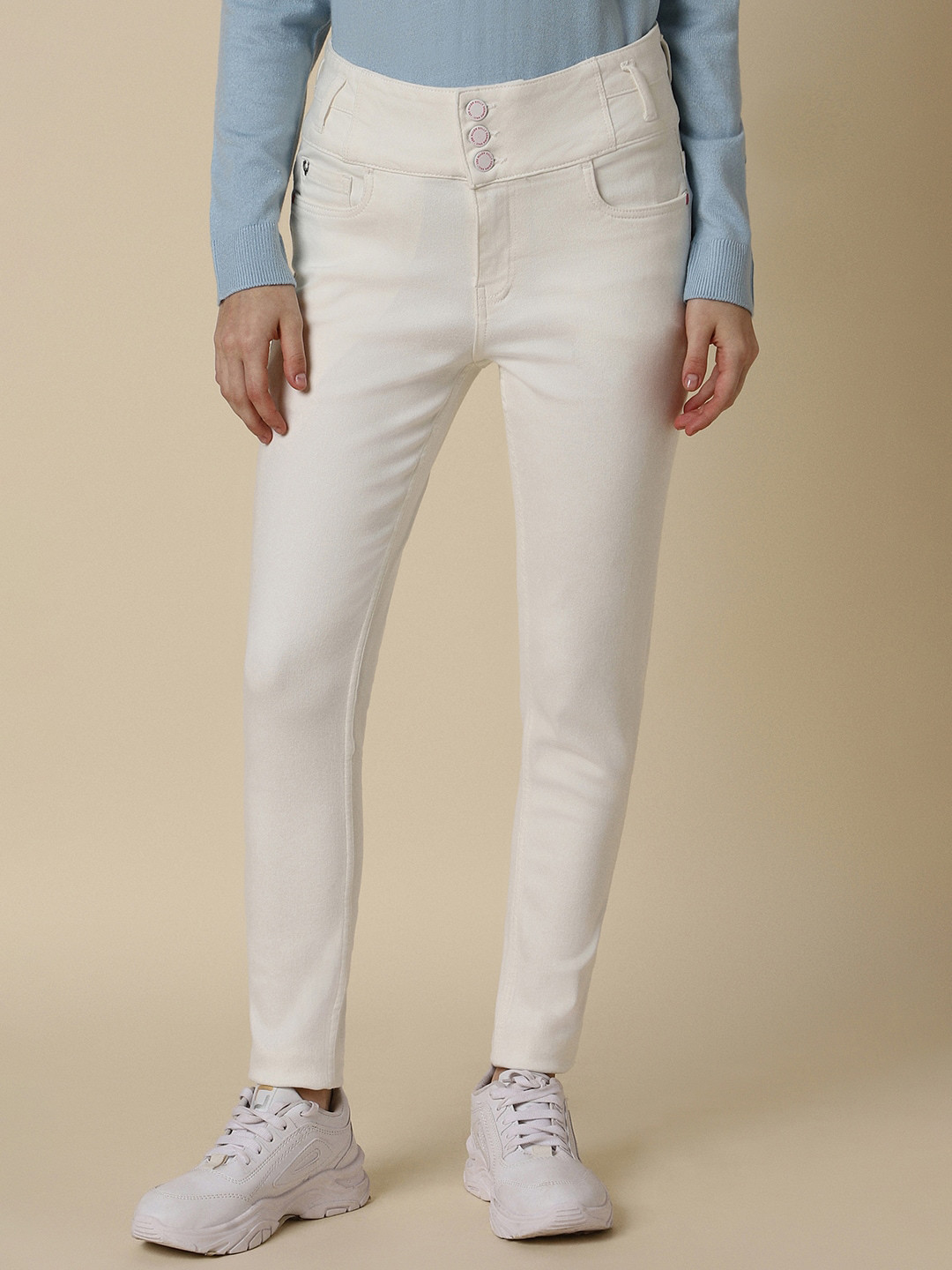 

Allen Solly Woman Skinny Fit Mid-Rise Clean Look Stretchable Jeans, Cream