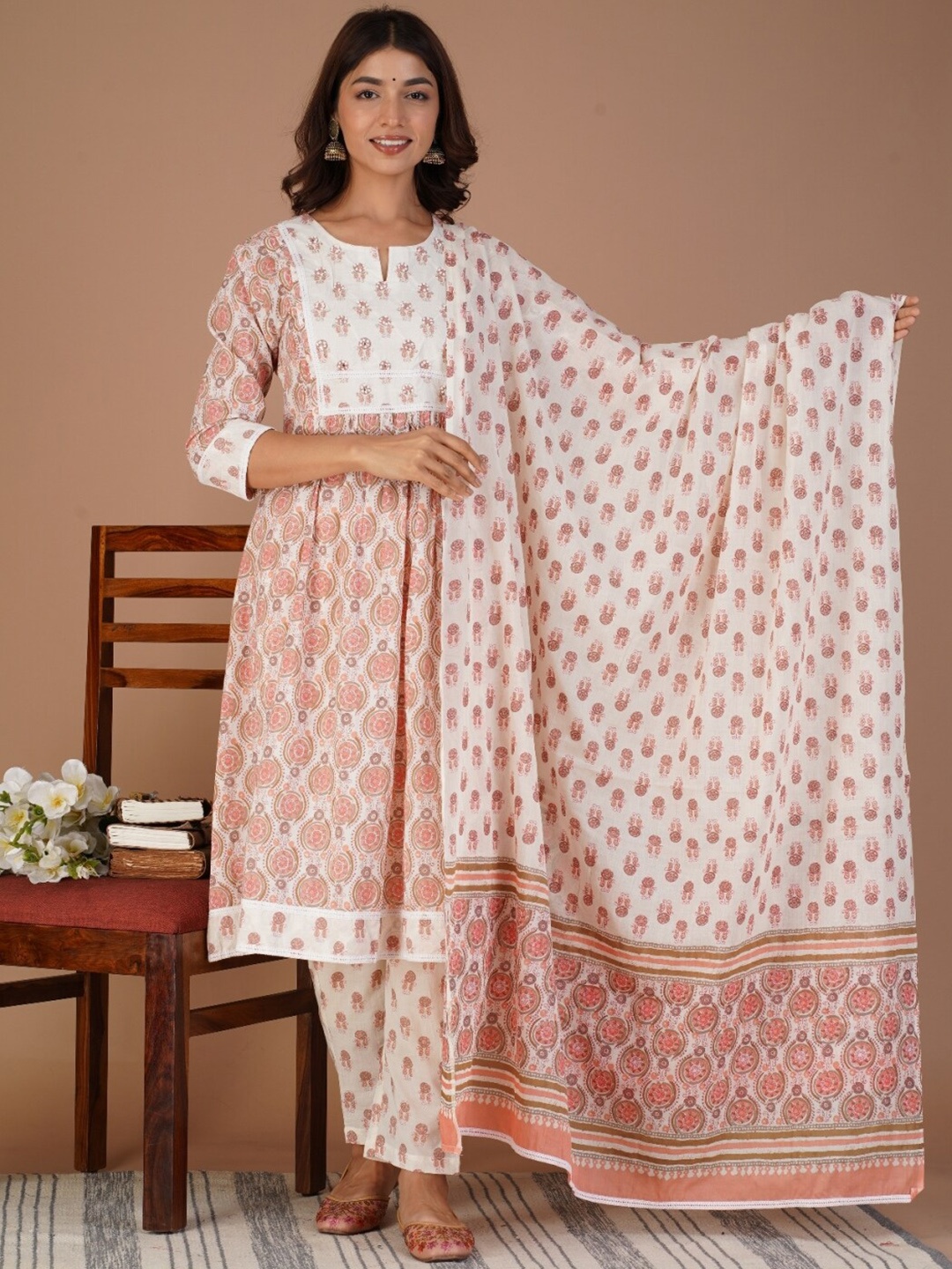 DHROOV TARA Floral Printed Pure Cotton A-line Kurta With Trousers & Dupatta, Pink