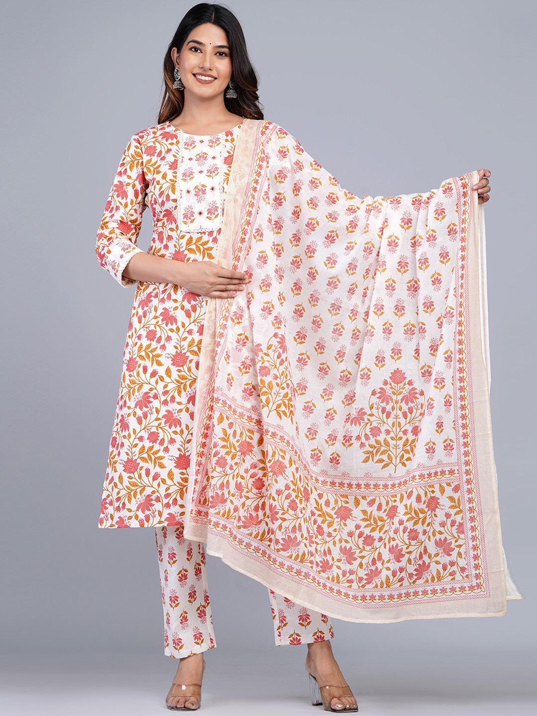 

DHROOV TARA Floral Printed Pure Cotton Kurta With Trousers & Dupatta, Orange