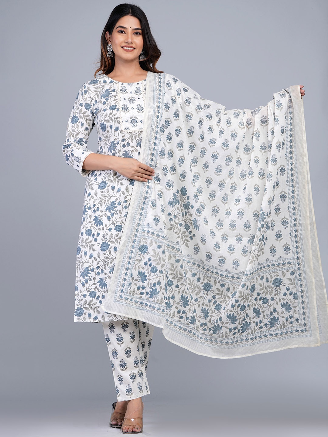 

DHROOV TARA Floral Printed Straight Pure Cotton Kurta with Trousers & Dupatta, White