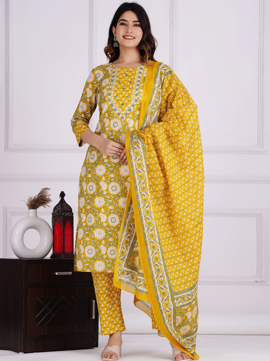 DHROOV TARA Floral Printed Mirror Work Pure Cotton Kurta with Trousers & Dupatta, Mustard