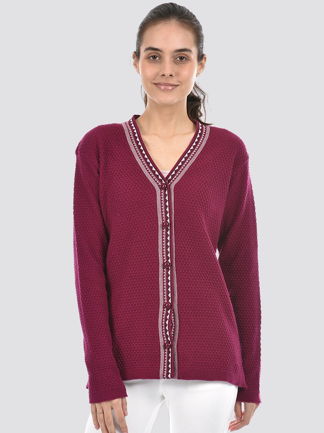 

American Eye Cable Knit Self Design V-Neck Ribbed Acrylic Cardigan, Purple