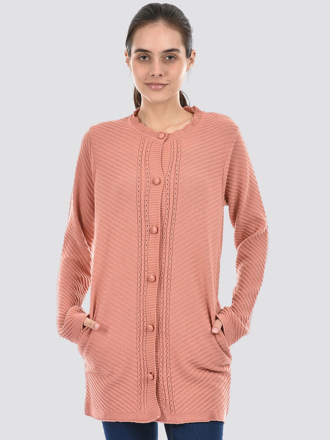 

American Eye Cable Knit Self Design Ribbed Longline Acrylic Cardigan, Pink