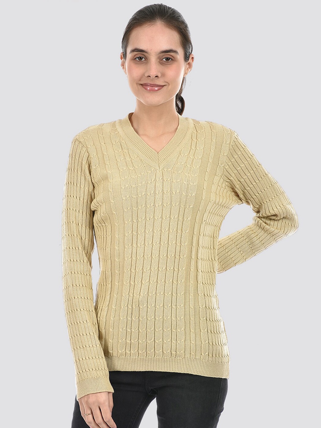 

American Eye Cable Knit Self Design V-Neck Ribbed Acrylic Pullover, Beige