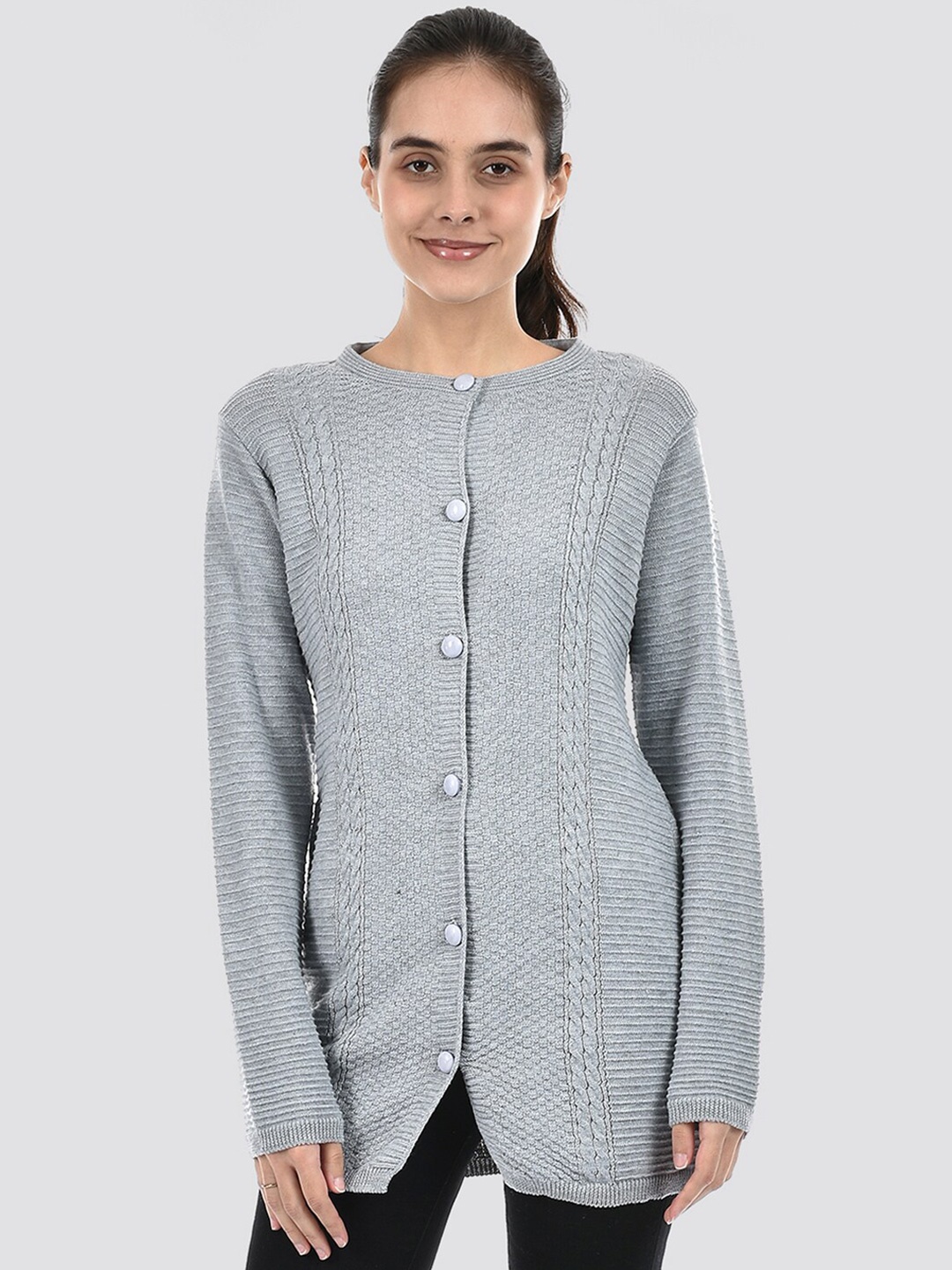 

American Eye Cable Knit Self Design Acrylic Longline Cardigan Sweater, Grey