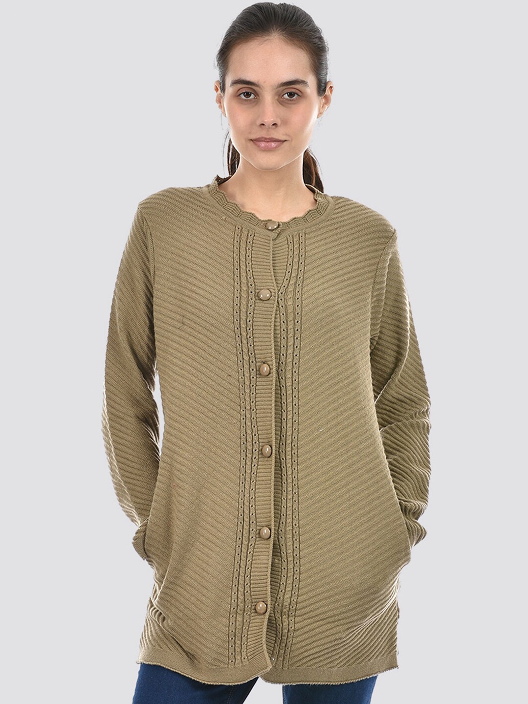 American Eye Cable Knit Self Design Acrylic Longline Cardigan Sweater, Beige