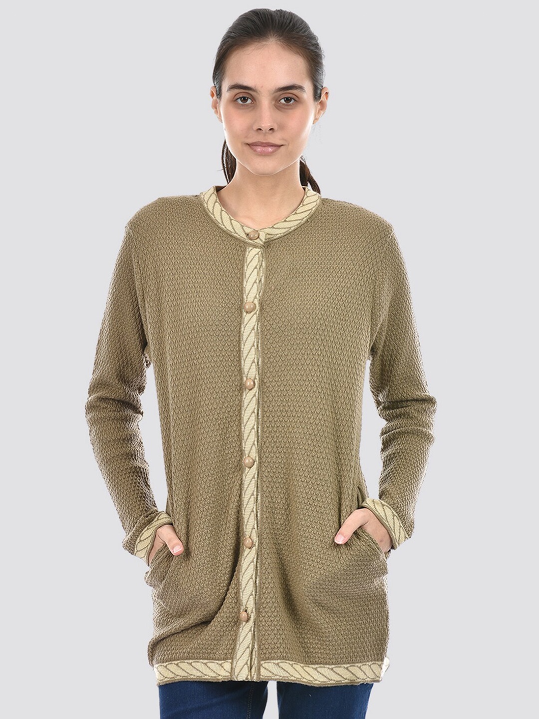 

American Eye Ribbed Self Design Acrylic Longline Cardigan, Beige