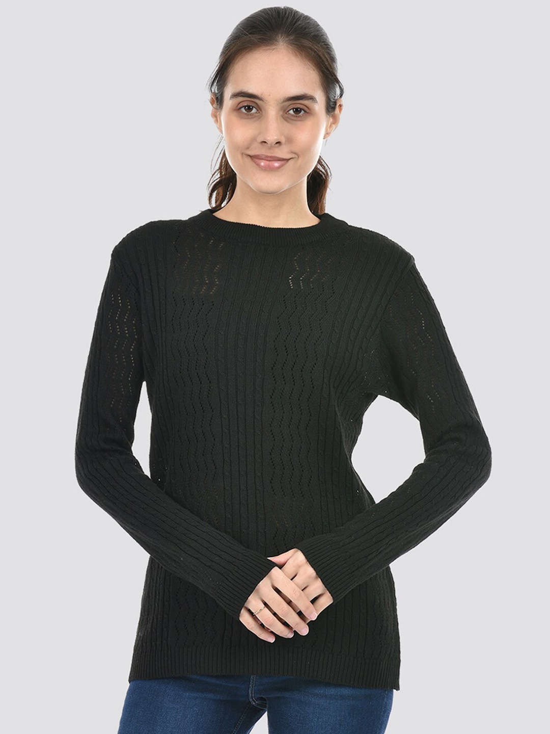 

American Eye Cable Knit Self Design Acrylic Pullover Sweater, Black