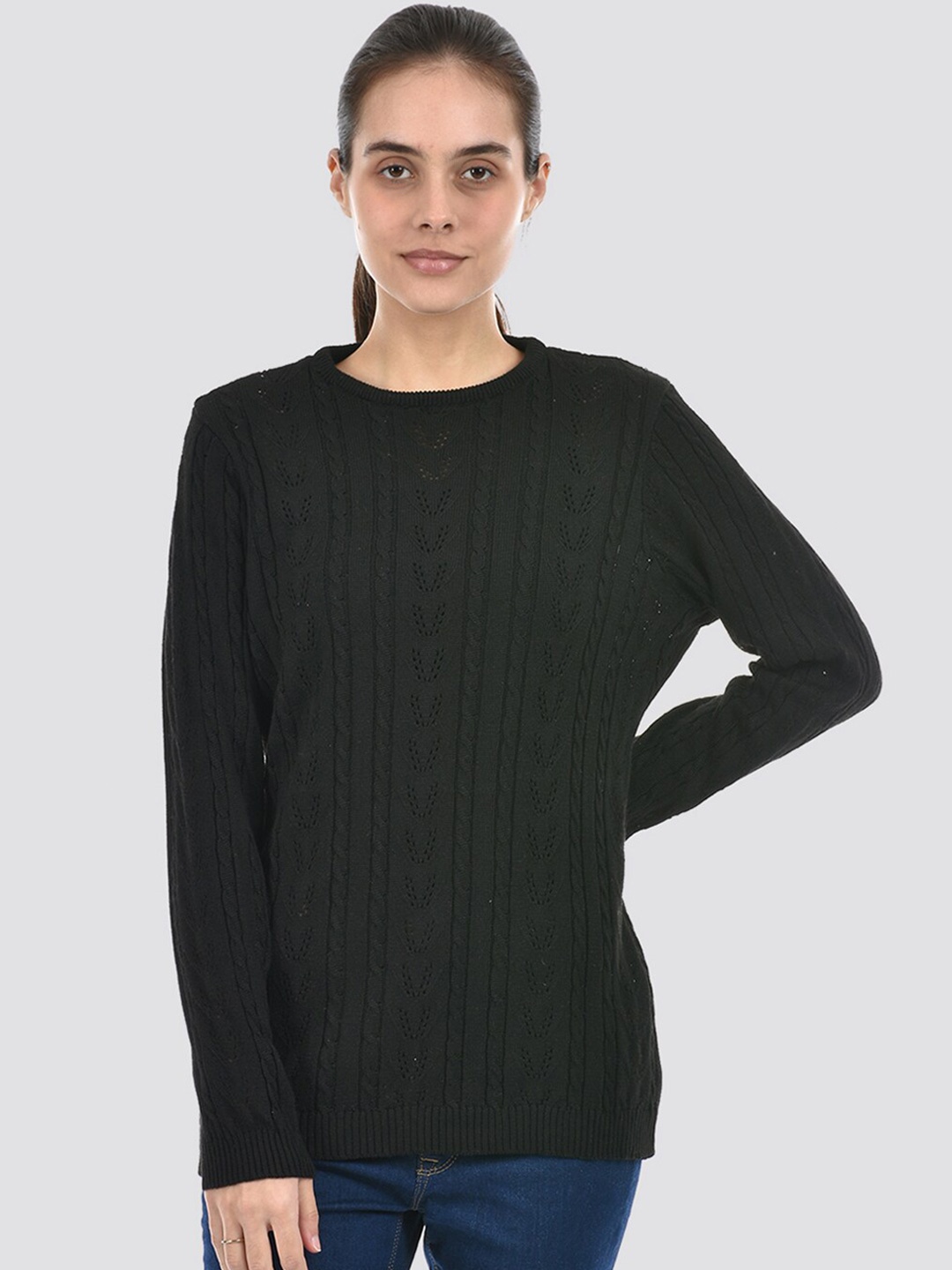 

American Eye Cable Knit Self Design Acrylic Pullover Sweater, Black
