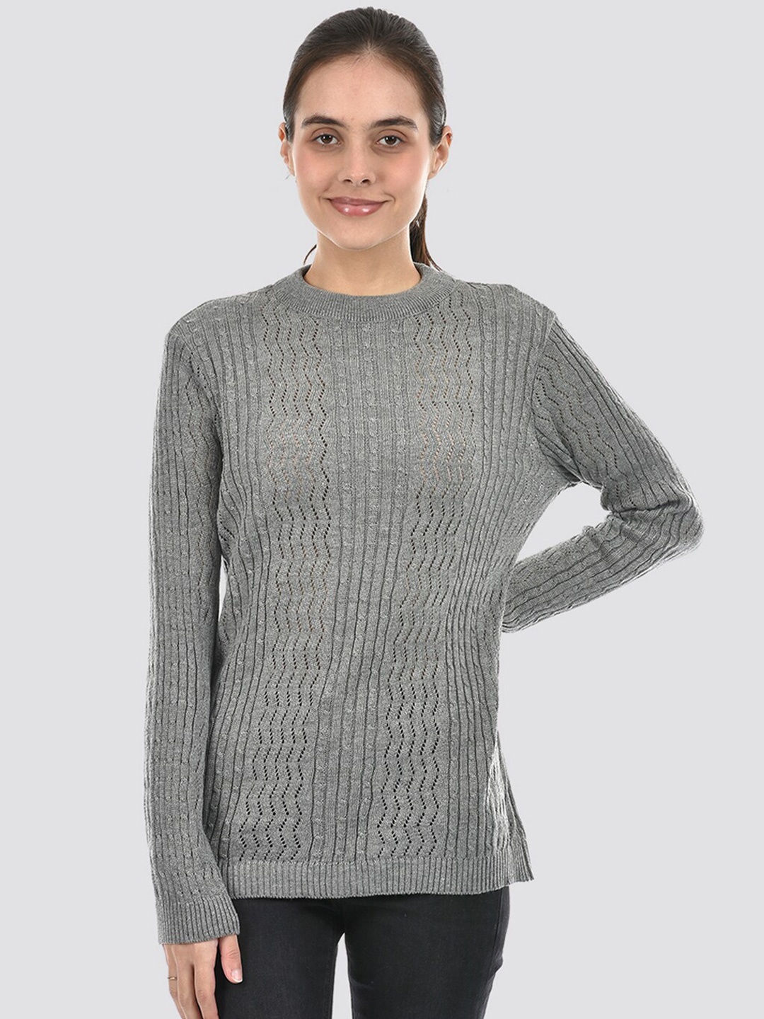

American Eye Cable Knit Self Design Acrylic Pullover Sweater, Grey