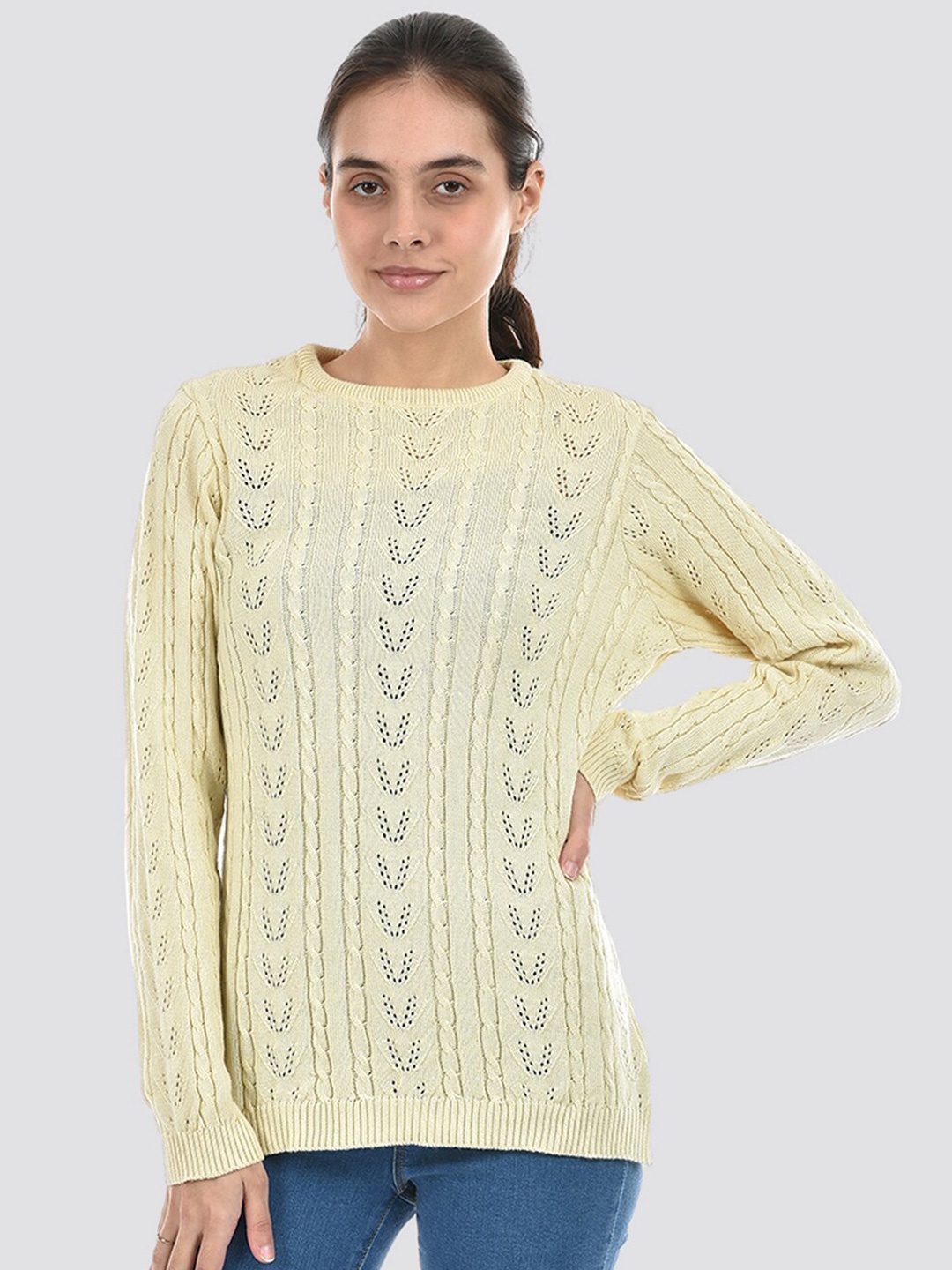 

American Eye Cable Knit Self Design Acrylic Longline Cardigan Sweater, Cream
