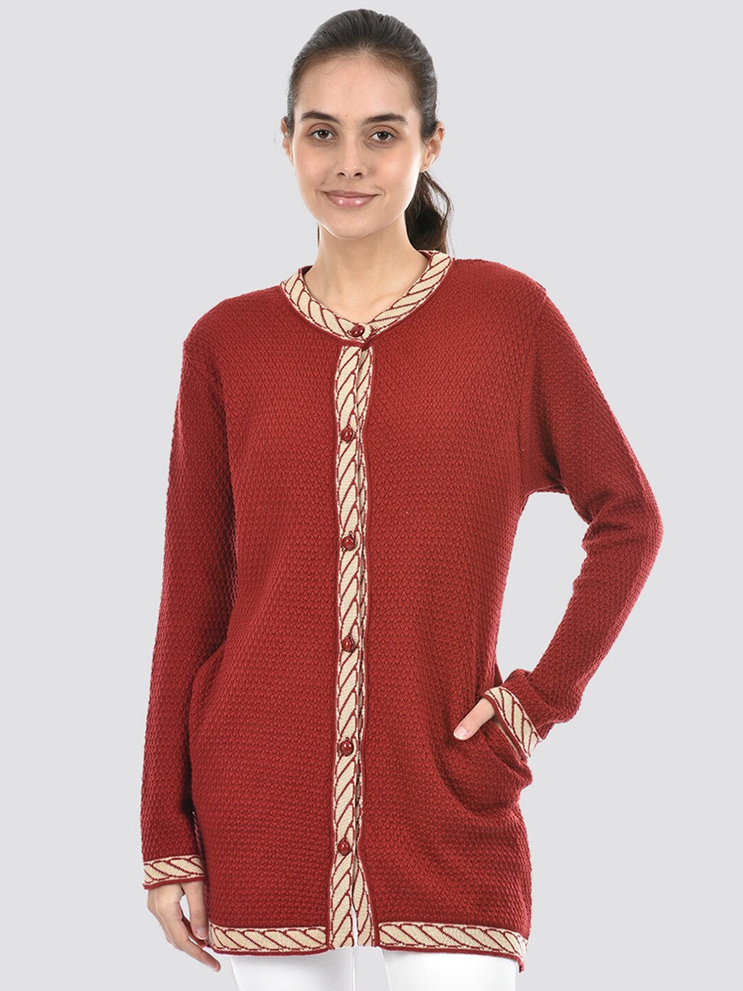 

American Eye Ribbed Self Design Acrylic Longline Cardigan, Maroon