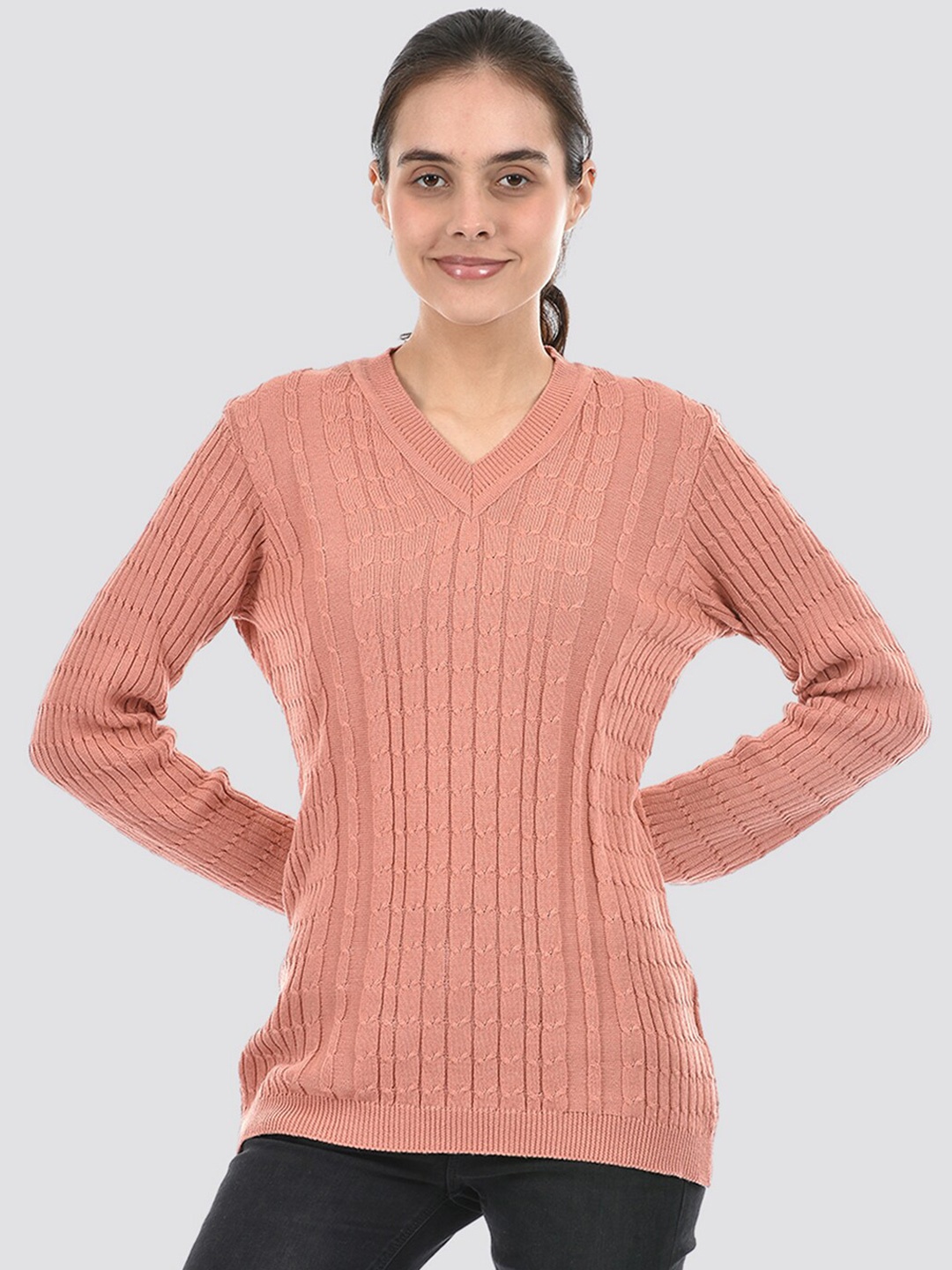 

American Eye Cable Knit Self Design V-Neck Ribbed Acrylic Pullover, Pink