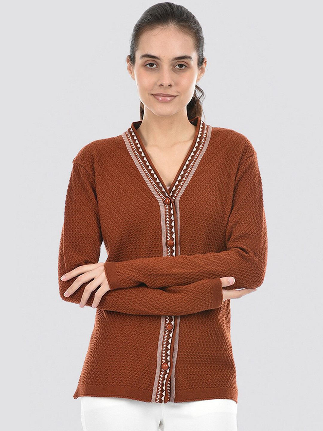 

American Eye Geometric Self Design Acrylic Longline Cardigan Sweater, Brown