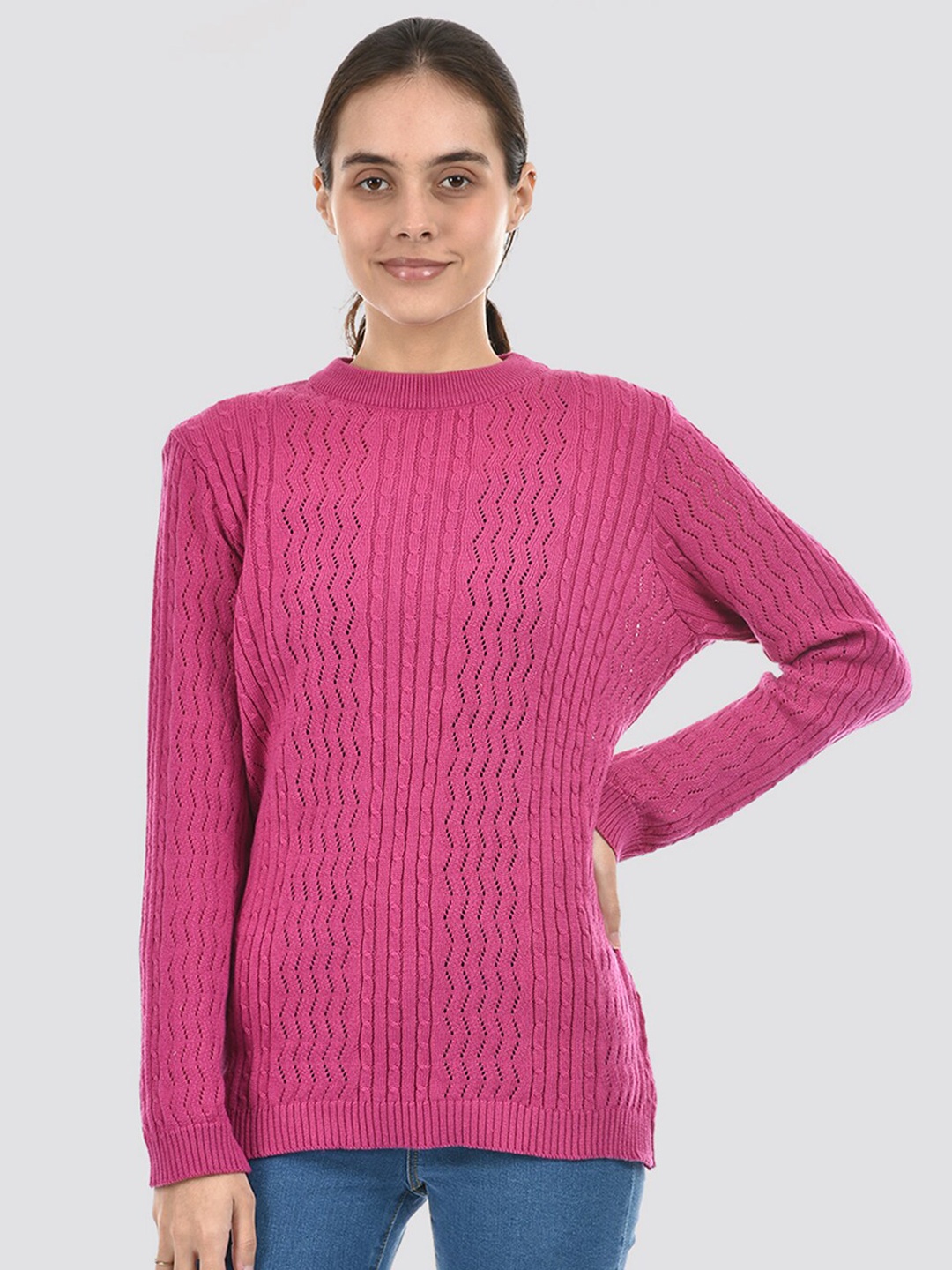 

American Eye Cable Knit Self Design Ribbed Acrylic Pullover, Pink