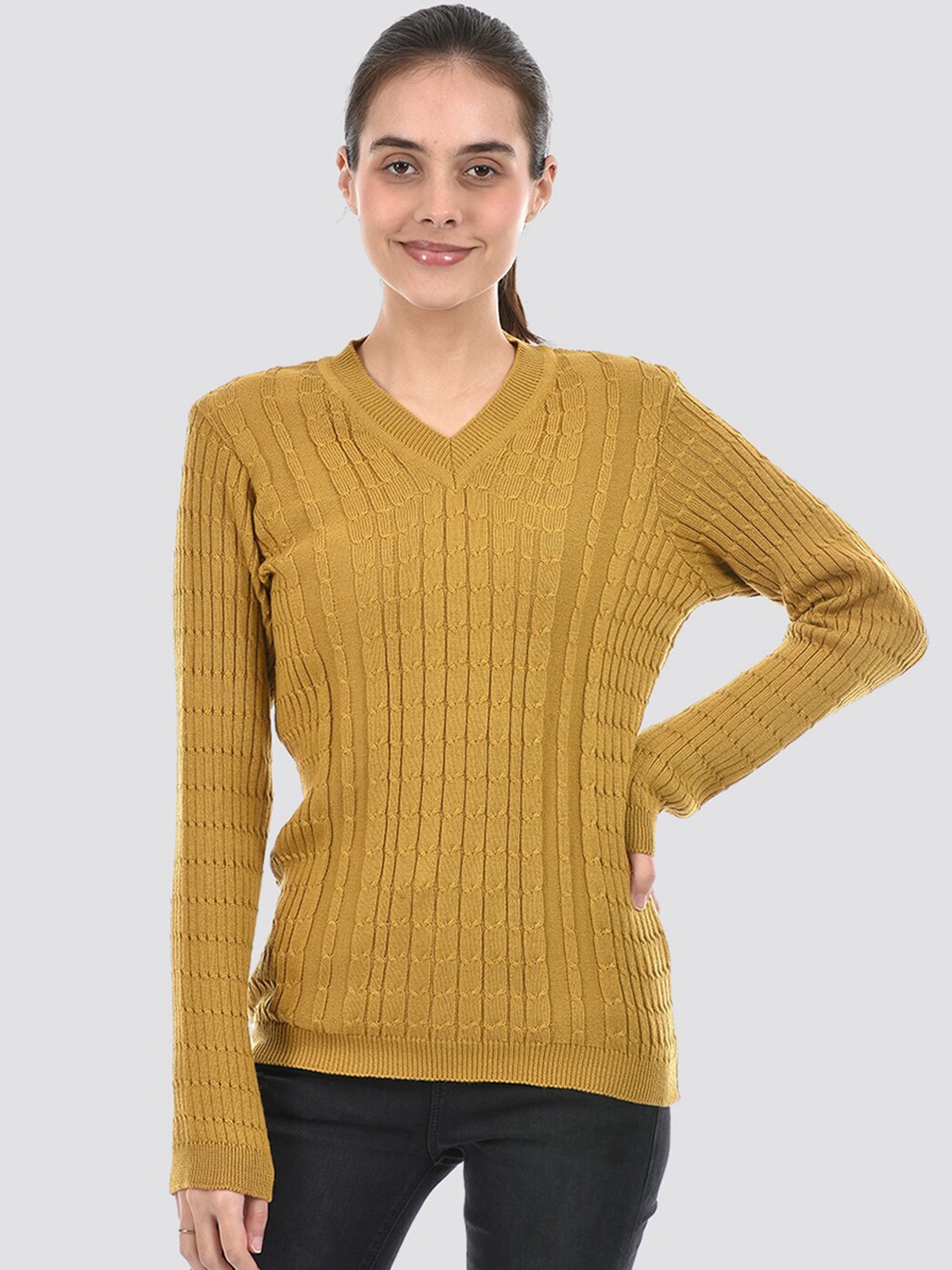 

American Eye Cable Knit Self Design V-Neck Ribbed Acrylic Pullover, Mustard