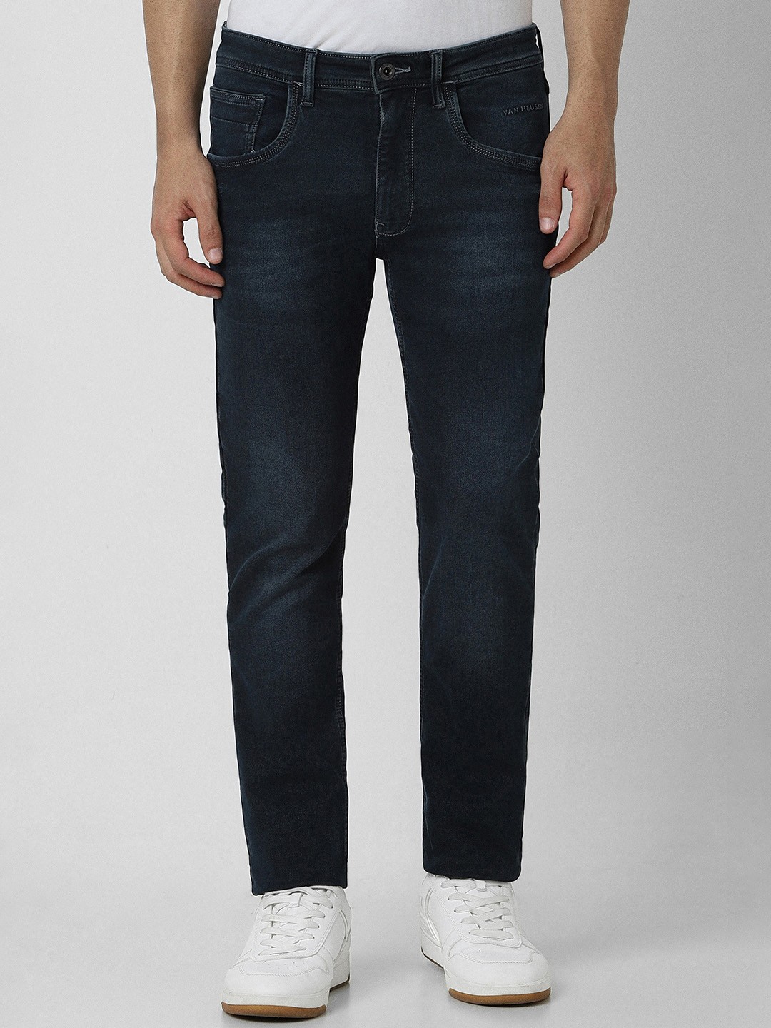 

VAN HEUSEN DENIM LABS Men Slim Fit Mid-Rise Heavy Fade Clean Look Stretchable Jeans, Navy blue