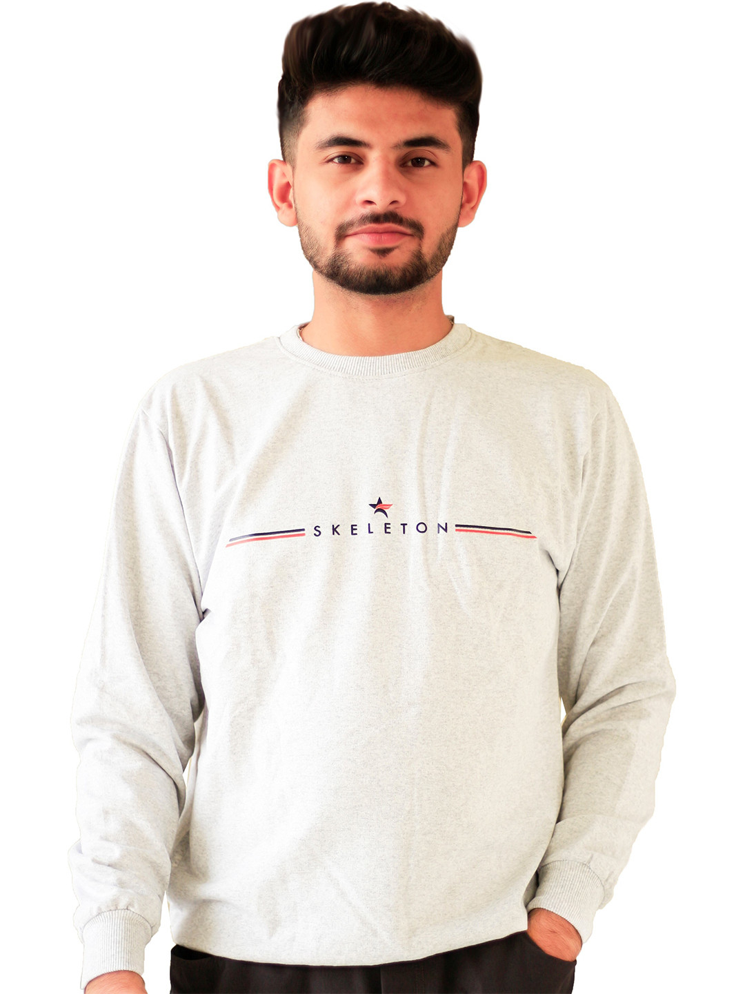 

BLUEFICUS Typography Printed Pure Cotton Pullover, Grey