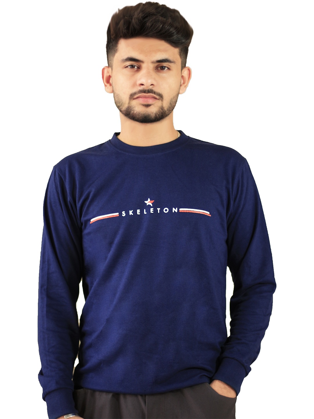 

BLUEFICUS Typography Printed Pure Cotton Pullover, Blue