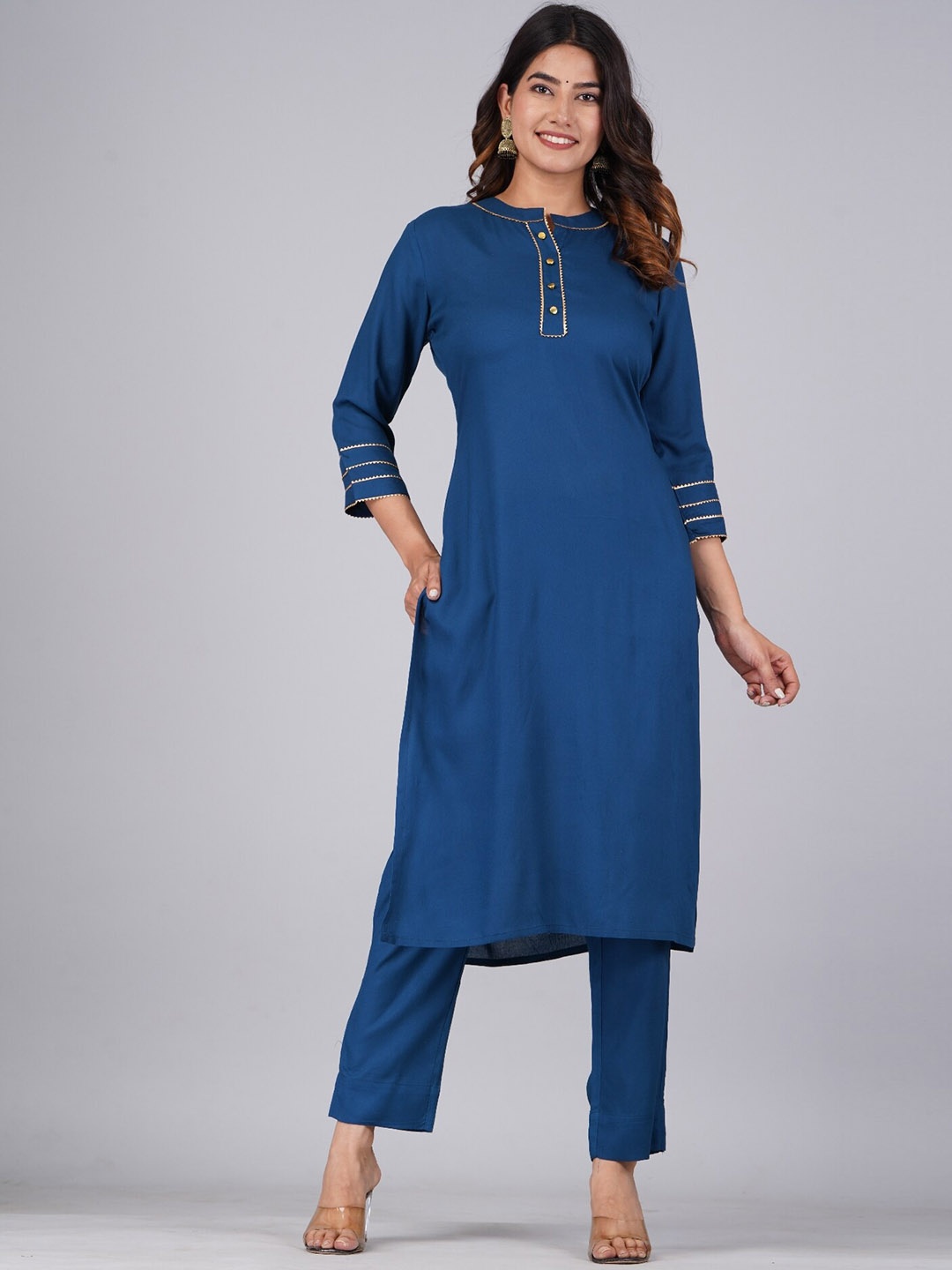 

DHROOV TARA Gotta Patti Straight Kurta with Trousers, Blue