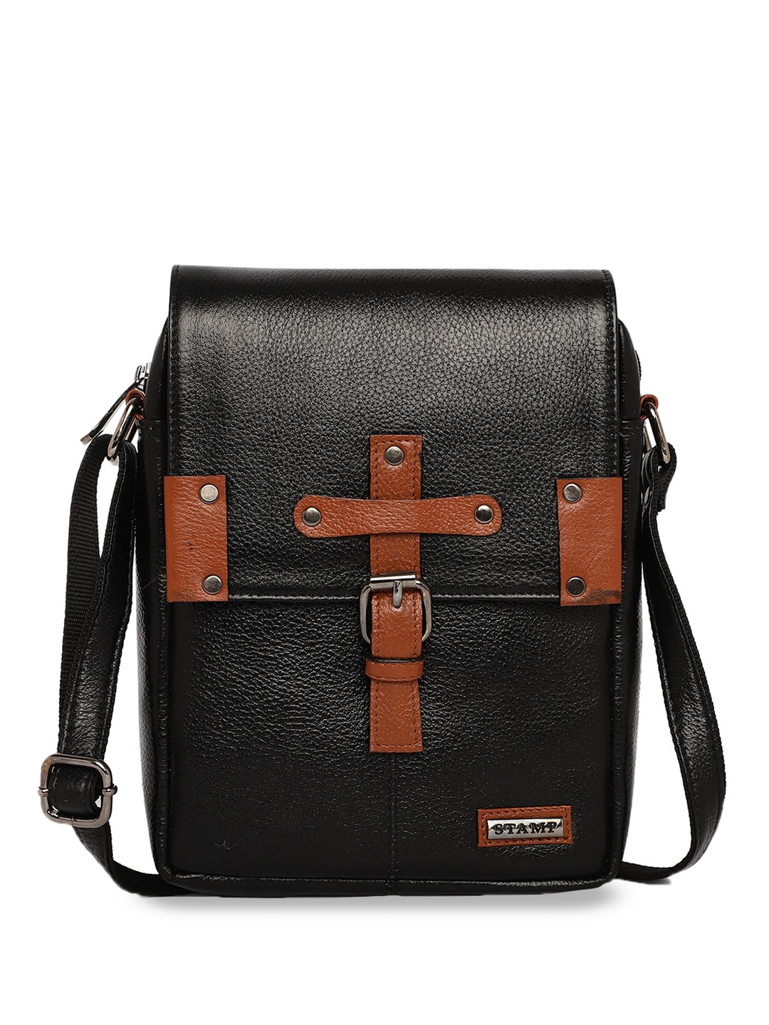 

Stamp Buckle Detail Leather Sling Bag, Black