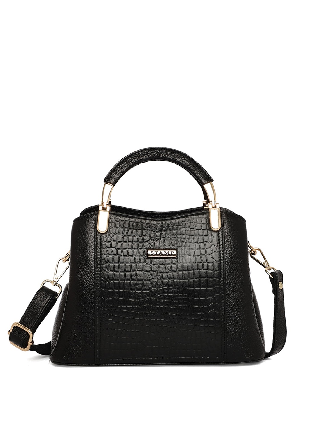 

Stamp Textured Leather Handheld Bag, Black