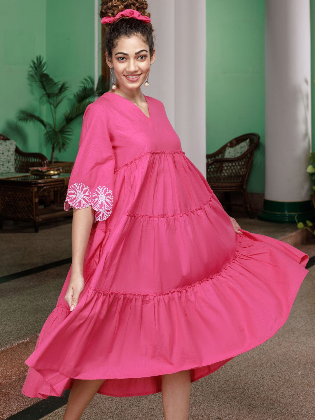 

Wellbi Floral Embroidered Pure Cotton Empire Dress, Pink