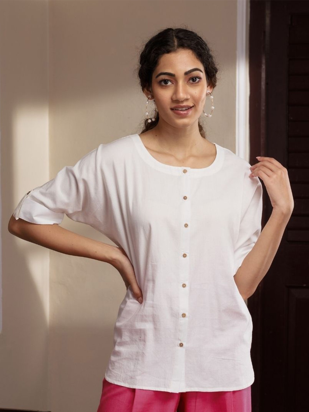 

Wellbi Roll-Up Sleeves Pure Cotton Longline Top, White
