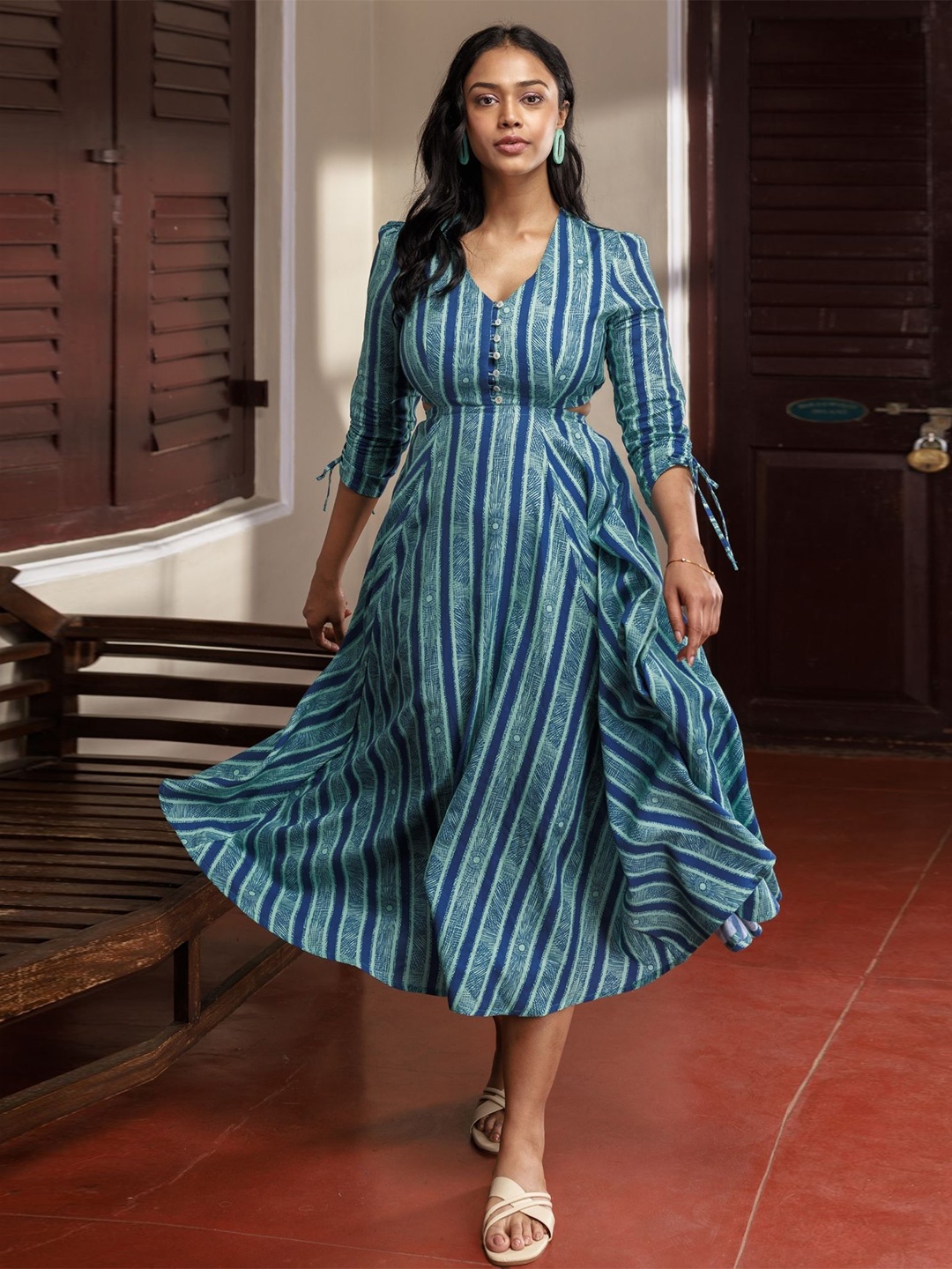 

Wellbi Striped V-Neck Puff Sleeve Cut Out Pure Cotton Fit & Flare Dress, Blue