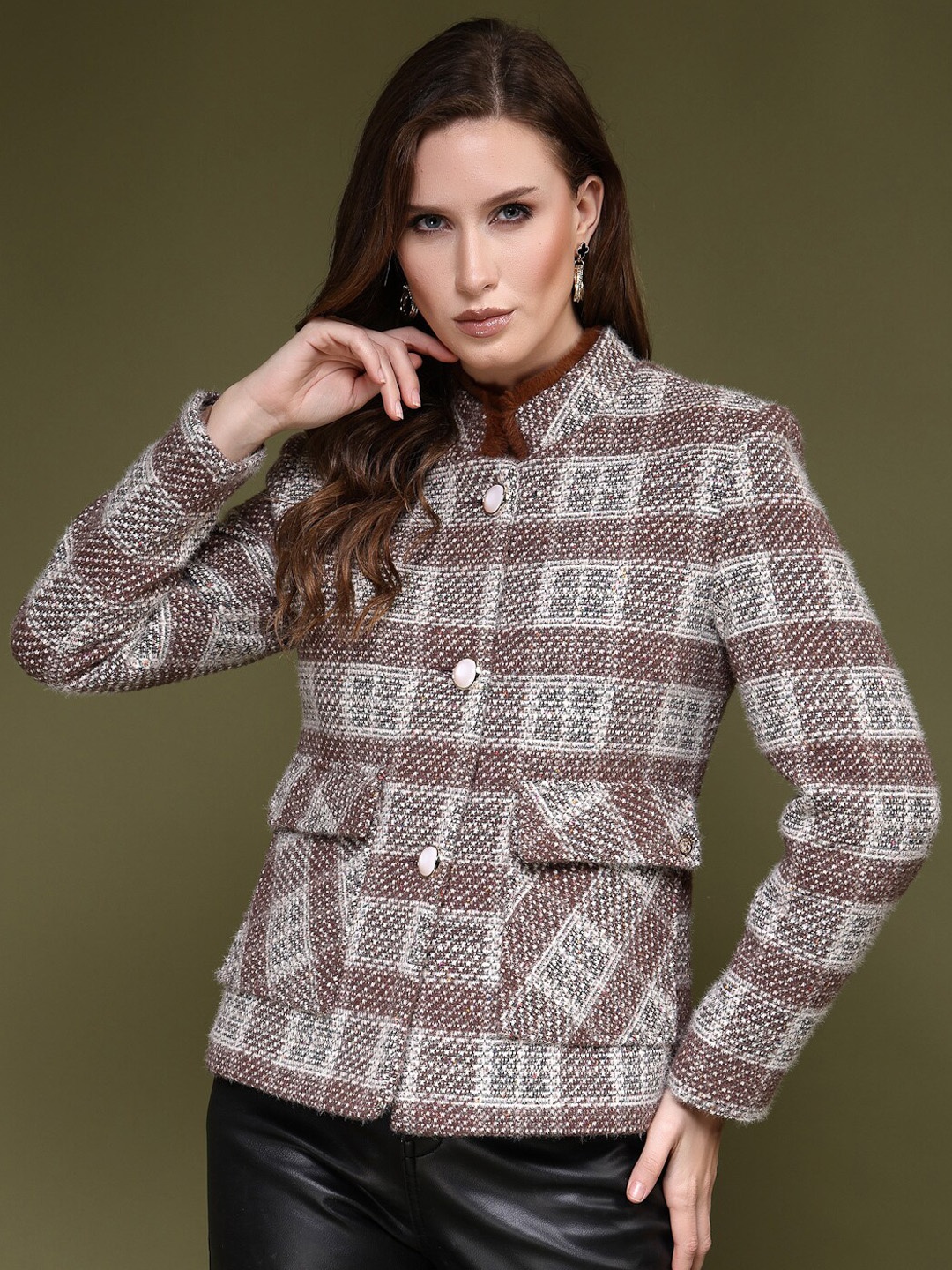 

Juelle Checked Stand Collar Pea Coat, Brown