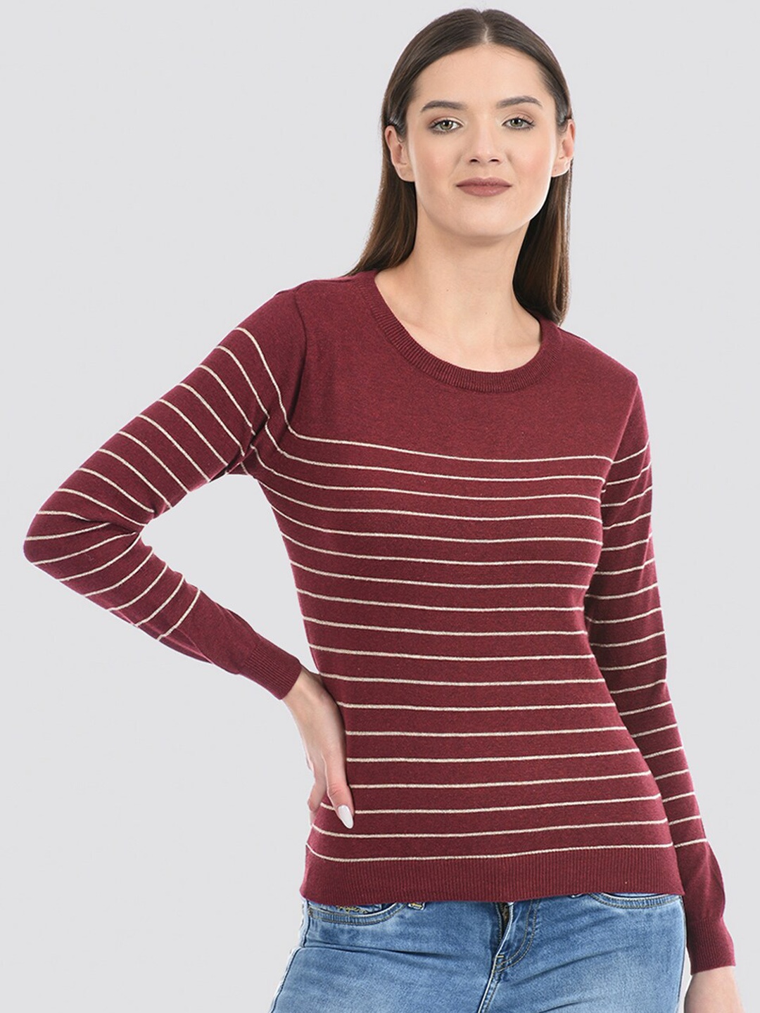 

PORTOBELLO Striped Pure Cotton Pullover, Maroon
