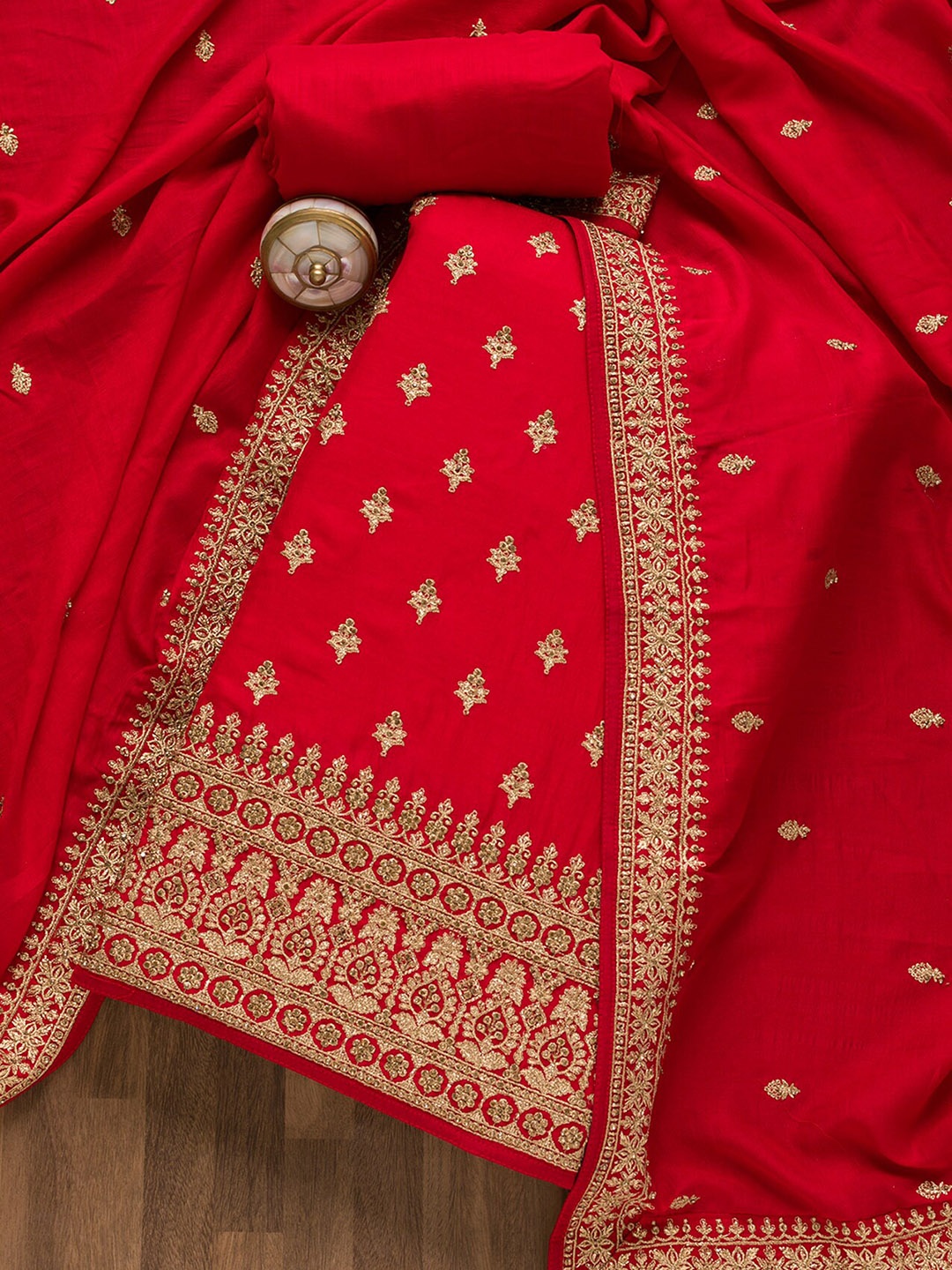 

Koskii Embroidered Raw Silk Unstitched Dress Material, Red