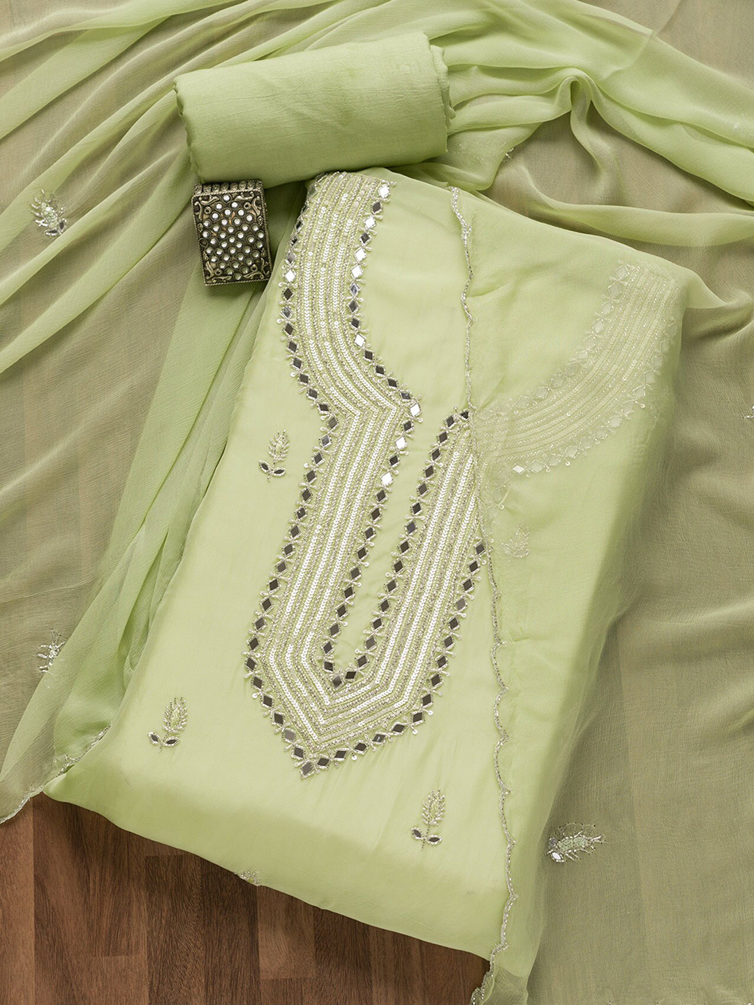 

Koskii Floral Embroidered Mirror Work Unstitched Dress Material, Green