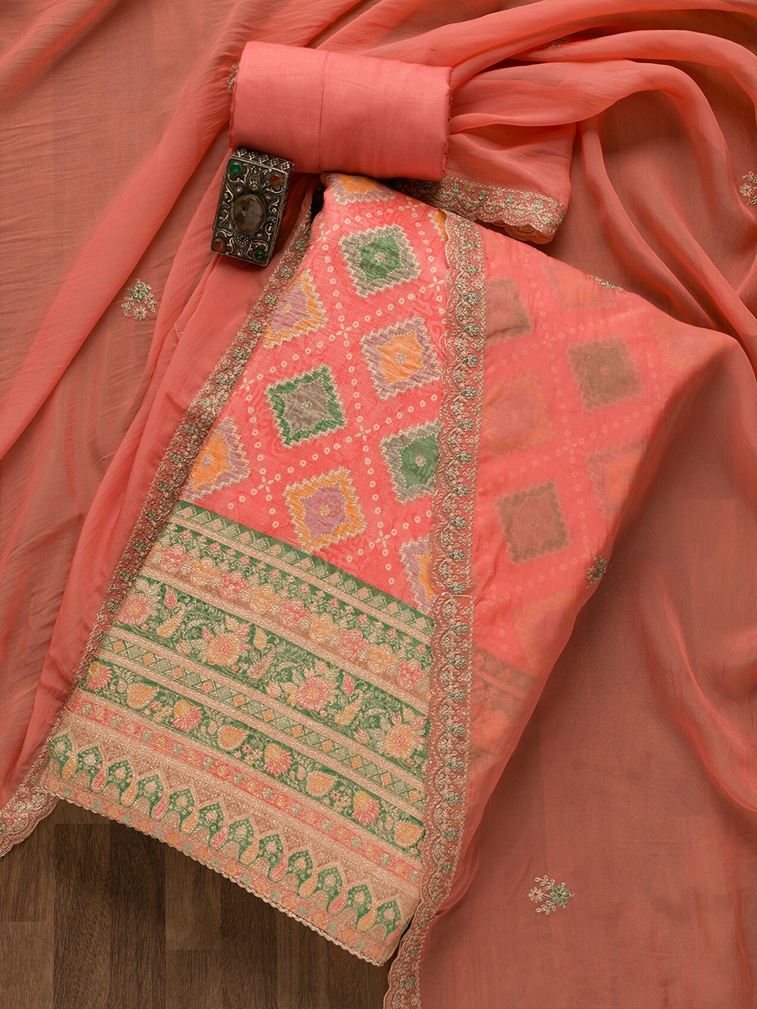 

Koskii Bandhani Printed Unstitched Dress Material, Peach