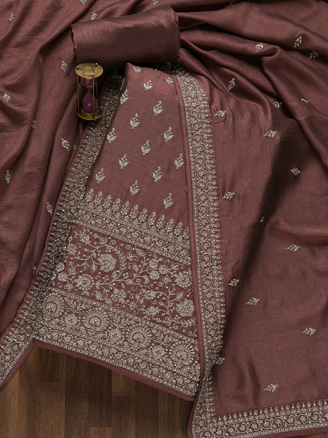

Koskii Ethnic Motifs Sequinned Embroidered Unstitched Dress Material, Mauve