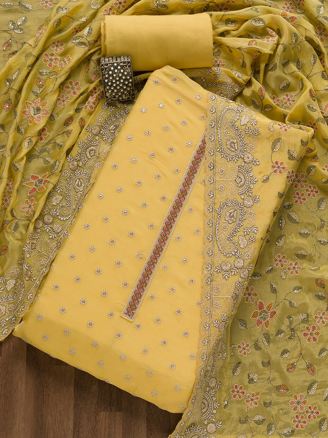 

Koskii Floral Sequinned Embroidered Unstitched Dress Material, Yellow