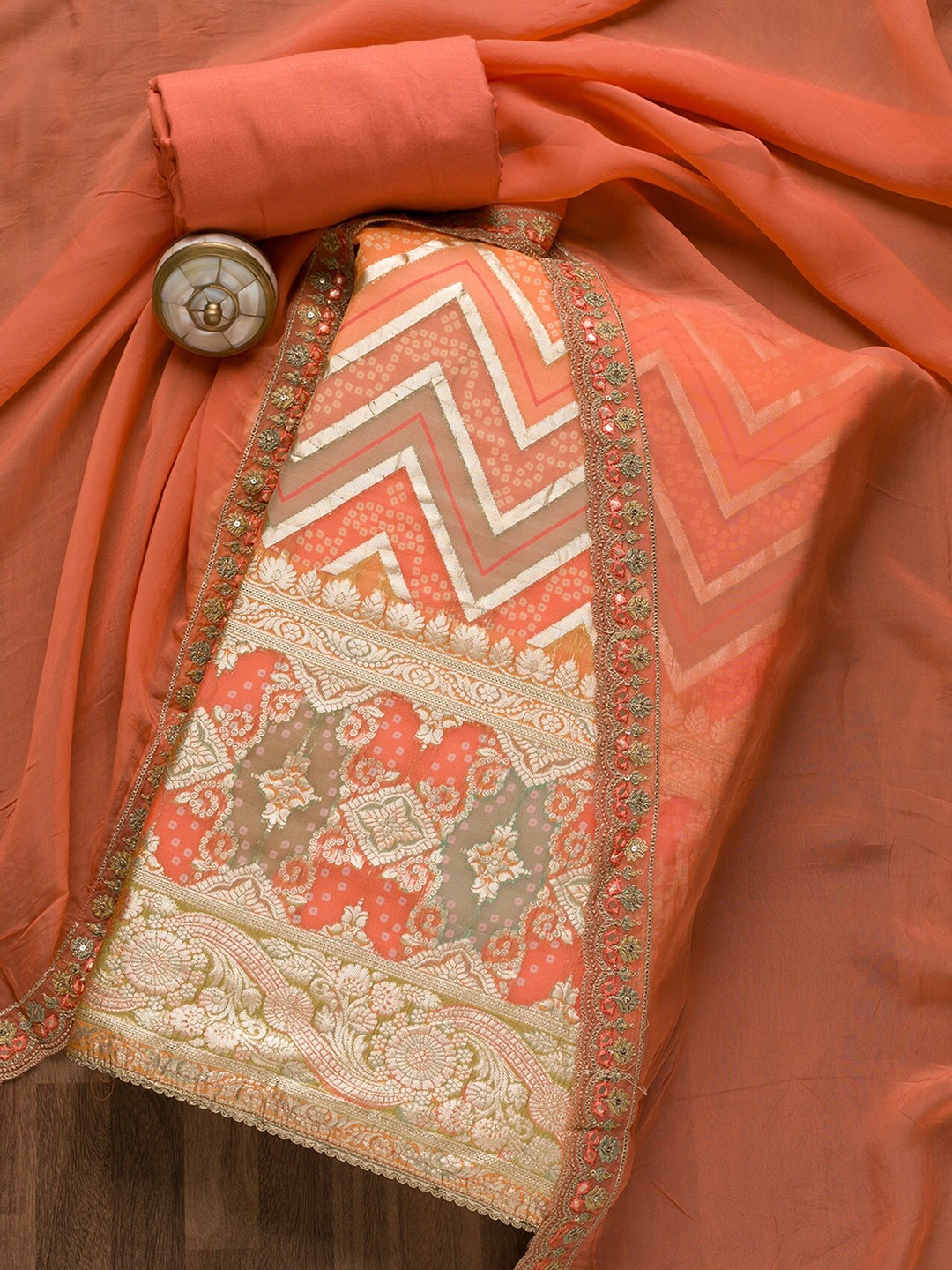 Koskii Ethnic Motif Sequinned Embellished Unstitched Dress Material, Rust