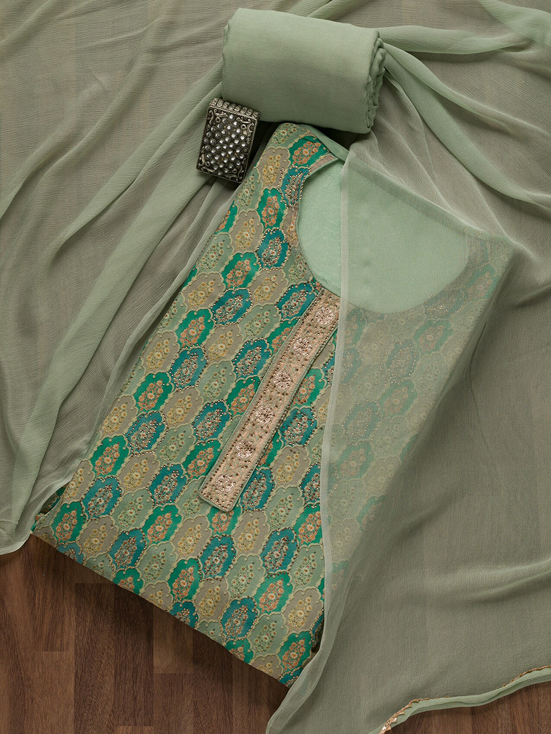 

Koskii Ethnic Motifs Printed Beads and Stones Unstitched Dress Material, Green