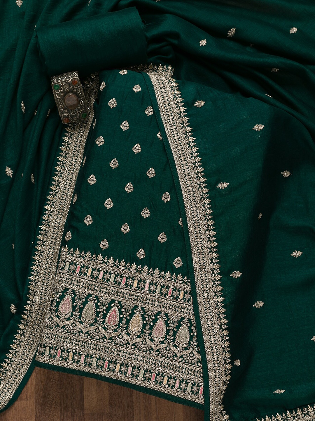 

Koskii Floral Embroidered Art Silk Unstitched Dress Material, Green