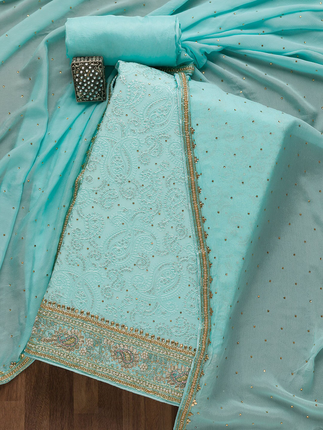 

Koskii Paisley Embroidered Sequinned Unstitched Dress Material, Blue